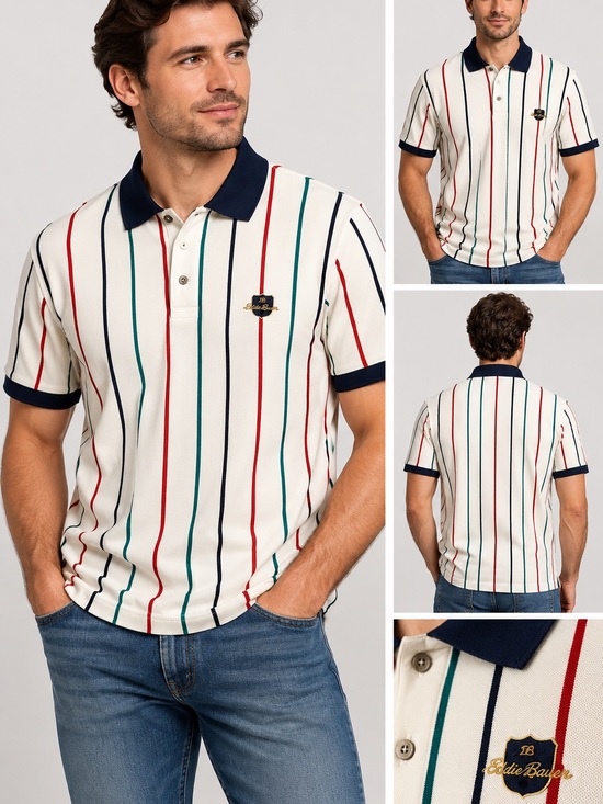 Eddie Bauer Other - Vintage Eddie Bauer White Polo with Navy Collar and Red, Teal, and Black Stripes
